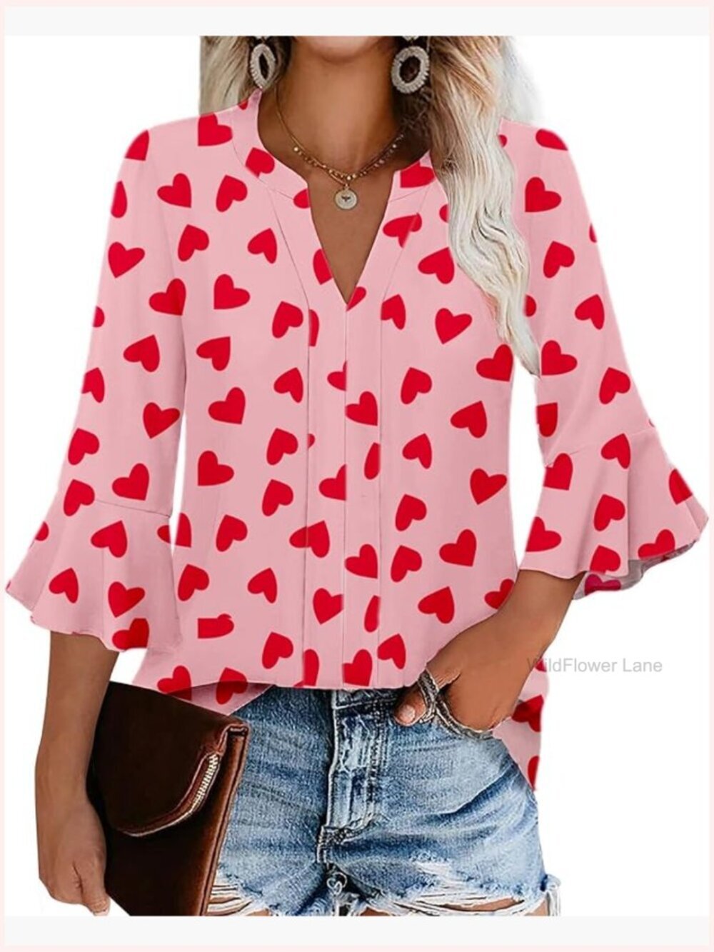 Elegant V Neck Ruffle Sleeve Blouse with Heart Print Women's Dressy Top